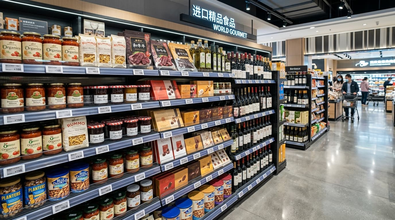 Scene of the Chinese import market, with packaged food products on display (AI-generated image).