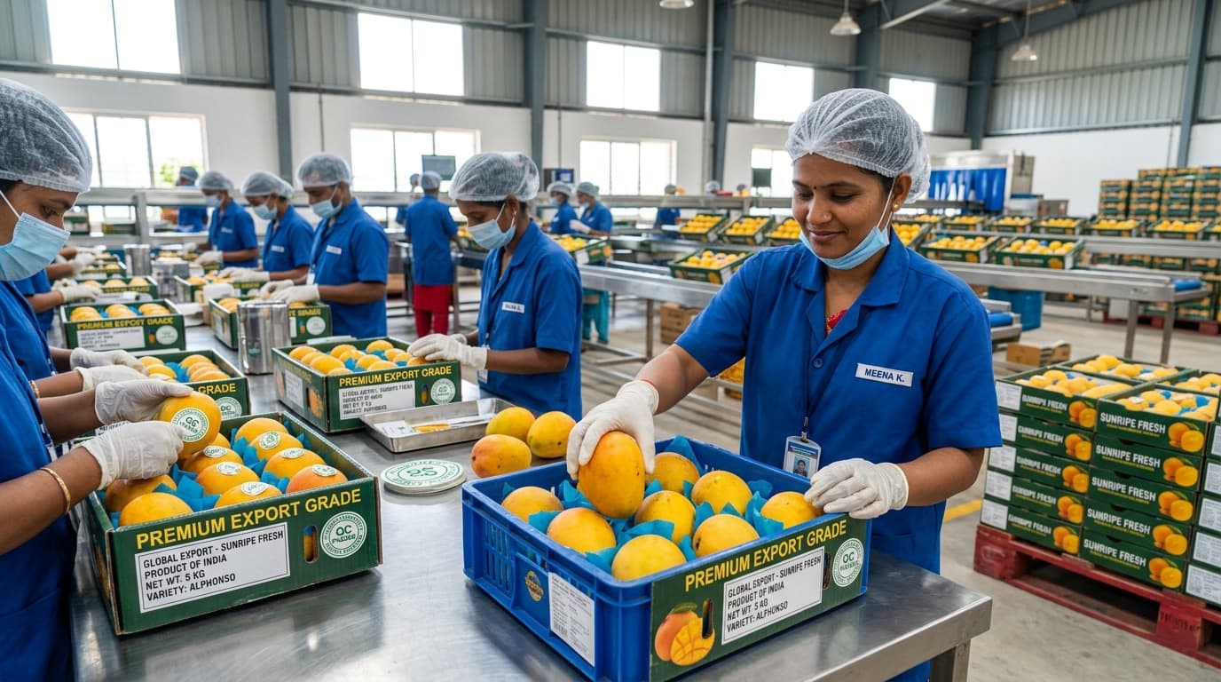 Fresh mangoes are being packed for export in a modern facility (AI-generated image).