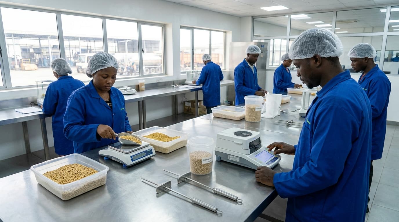 सोयाबीन की गुणवत्ता जांच। (AI-जनित छवि)