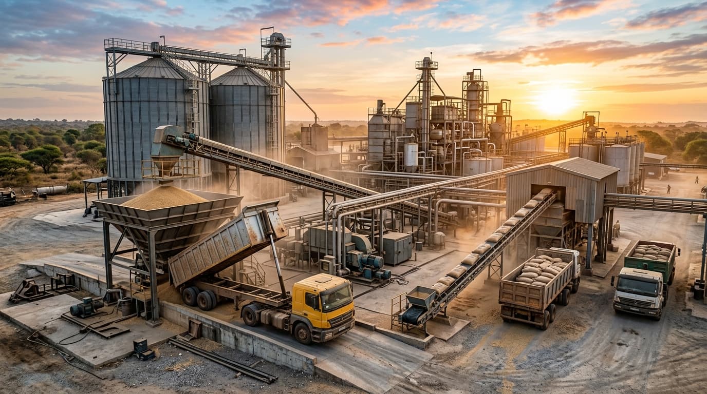 सोयाबीन प्राप्ति और ट्रक अनलोडिंग (एआई द्वारा जनित छवि)।