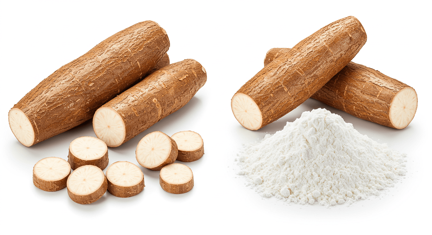 Cassava roots and Cassava starch side by side (AI-generated image).