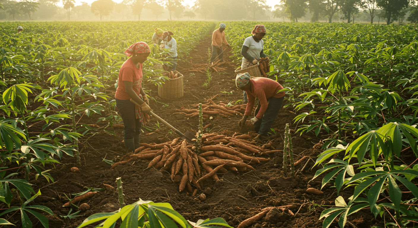 Harvesting fresh cassava roots (AI-generated image).