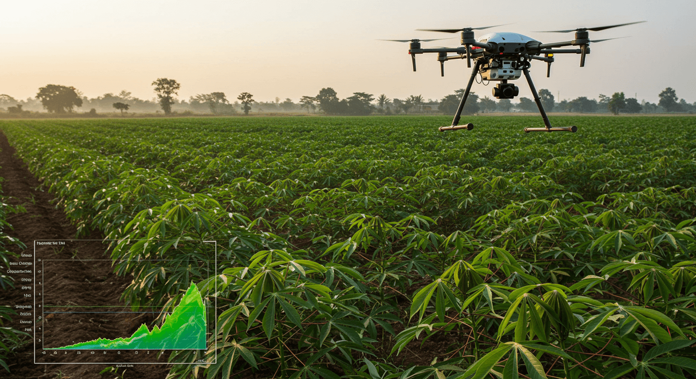 Un drone agricole affiche une analyse spectrale des plants de manioc au Nigeria (image générée par IA).