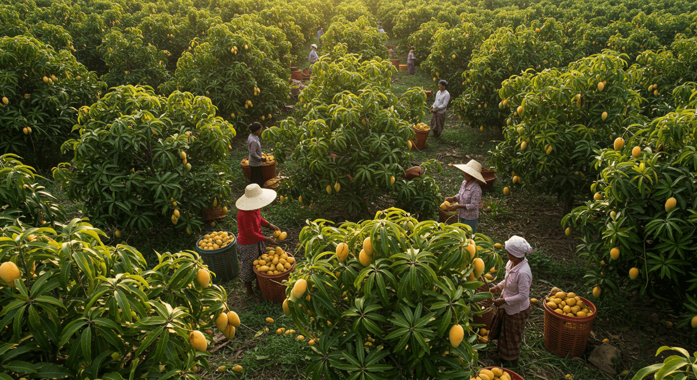 Récolte de mangues au Vietnam (image générée par l'IA).