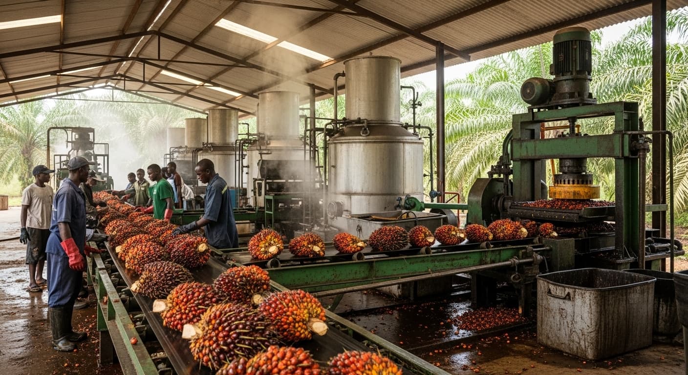 Ligne de production d'huile de palme brute (image générée par IA).