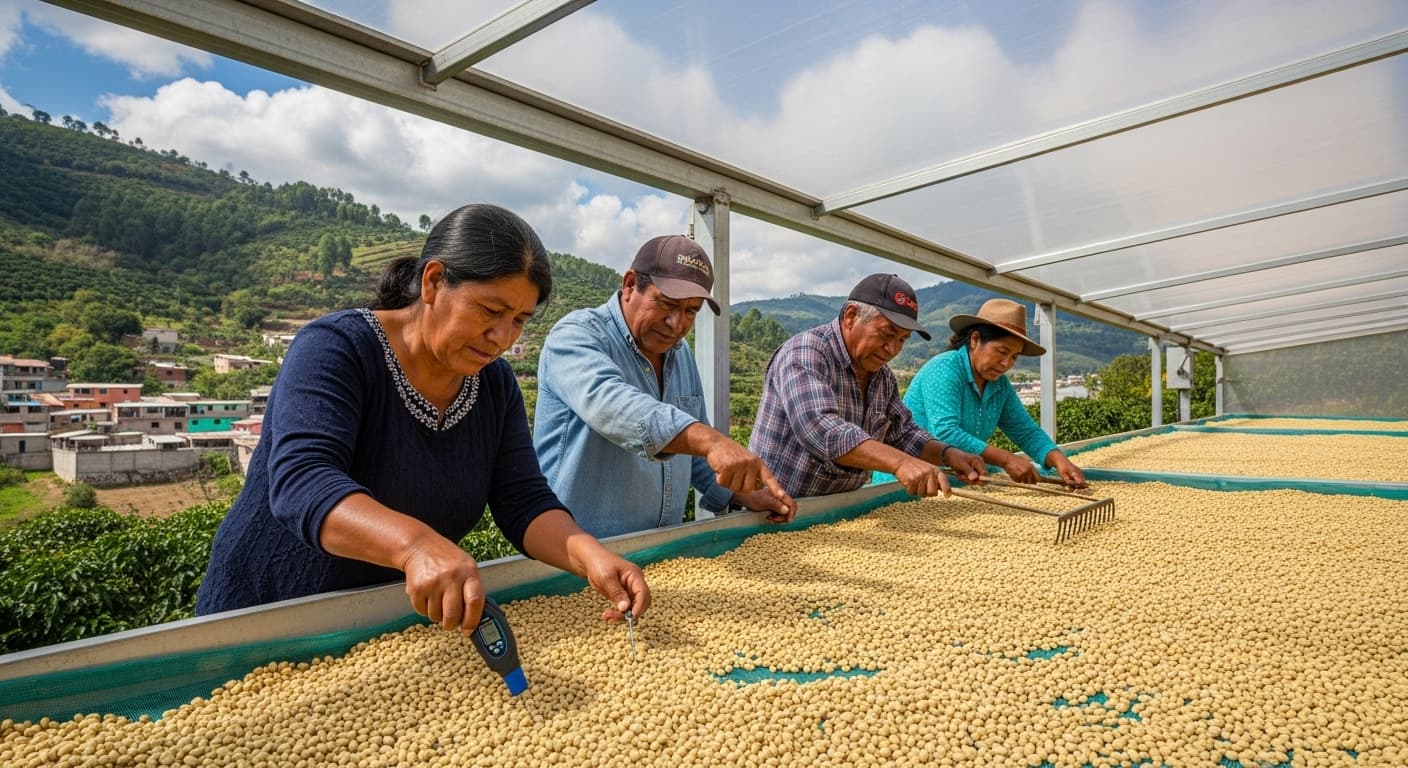 Một máy sấy cà phê bằng năng lượng mặt trời của cộng đồng tại Mexico, với các nông dân đang kiểm tra đồng hồ đo độ ẩm. (Hình ảnh do AI tạo ra)
