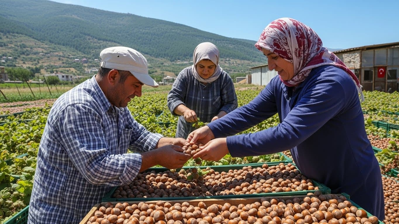 Para petani memanen kacang hazel di Turki. (Gambar yang dibuat oleh AI)