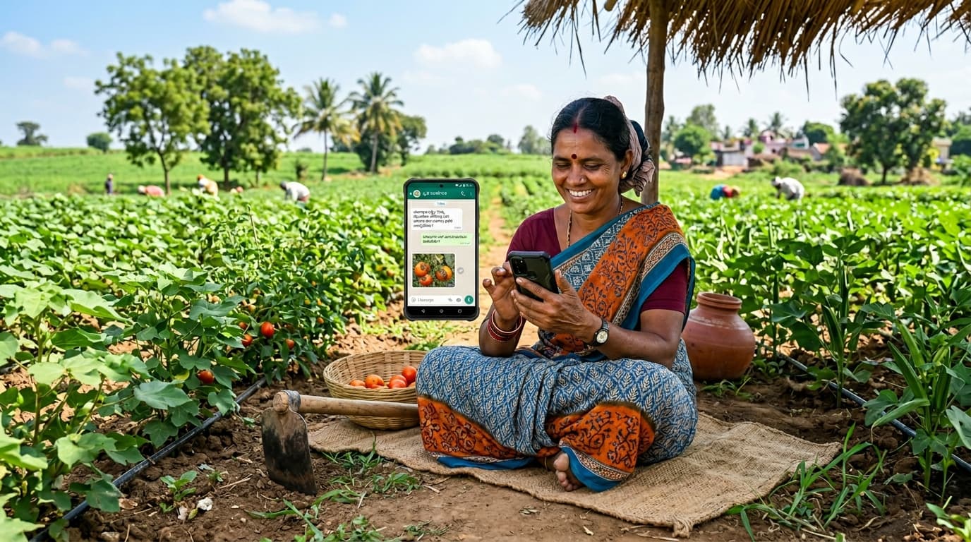 A smallholder farmer in India uses a smartphone chatbot in a rural field, receiving crop advice in a local language (AI-generated image).