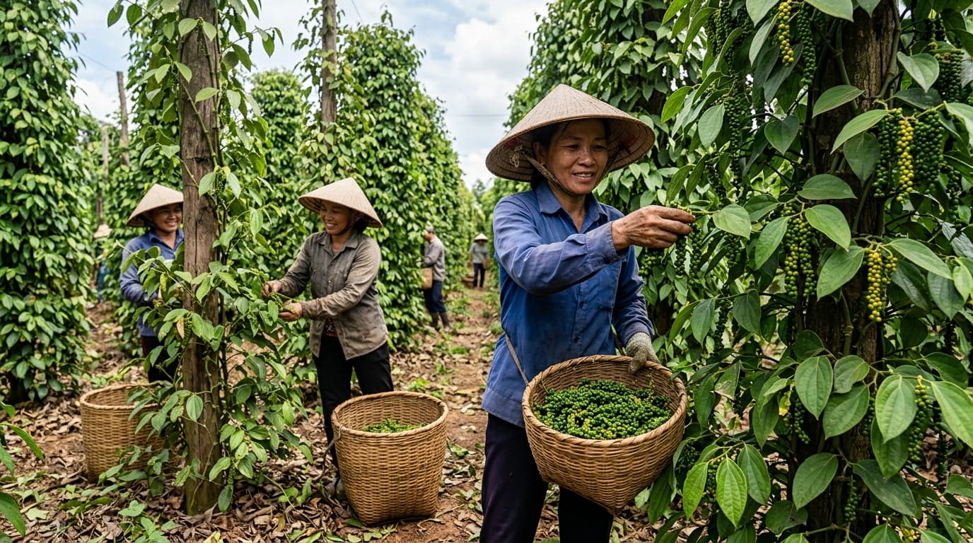 Vietnamese farmers are harvesting fresh green peppercorn clusters by hand (AI-generated image).